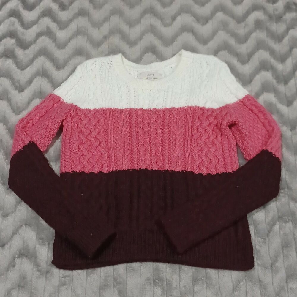 Ann Taylor Loft Womens M White Pink Cable Knit Long Sleeve Wool Blend Sweater